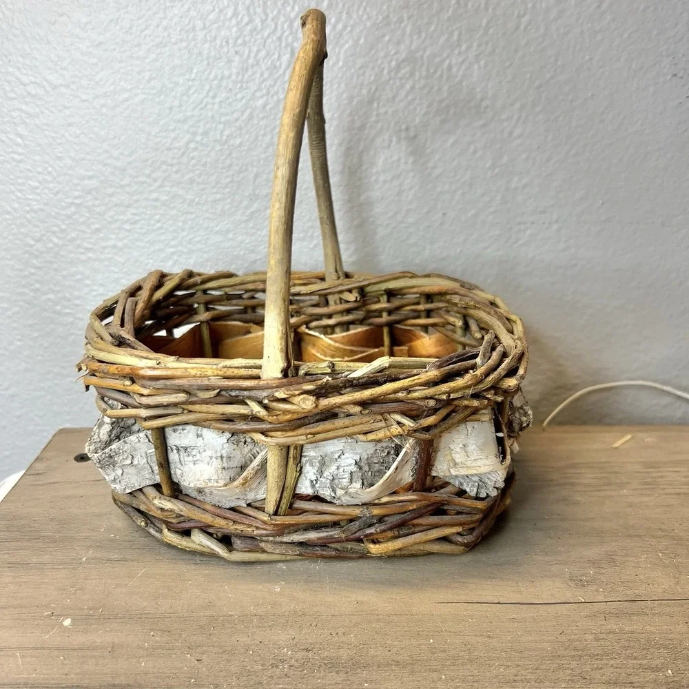 Vintage Rustic Twig &‎ Bark Basket with Handle Cabin Farmhouse Woodland Décor